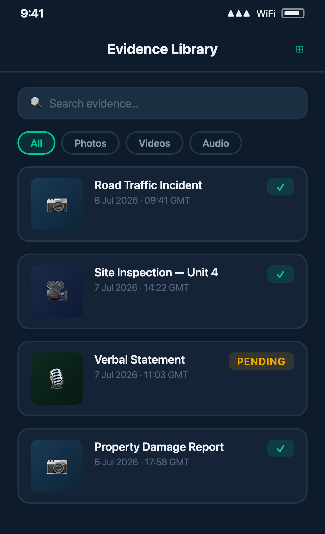 The Witnessed evidence library listing captured items with verified and pending states.